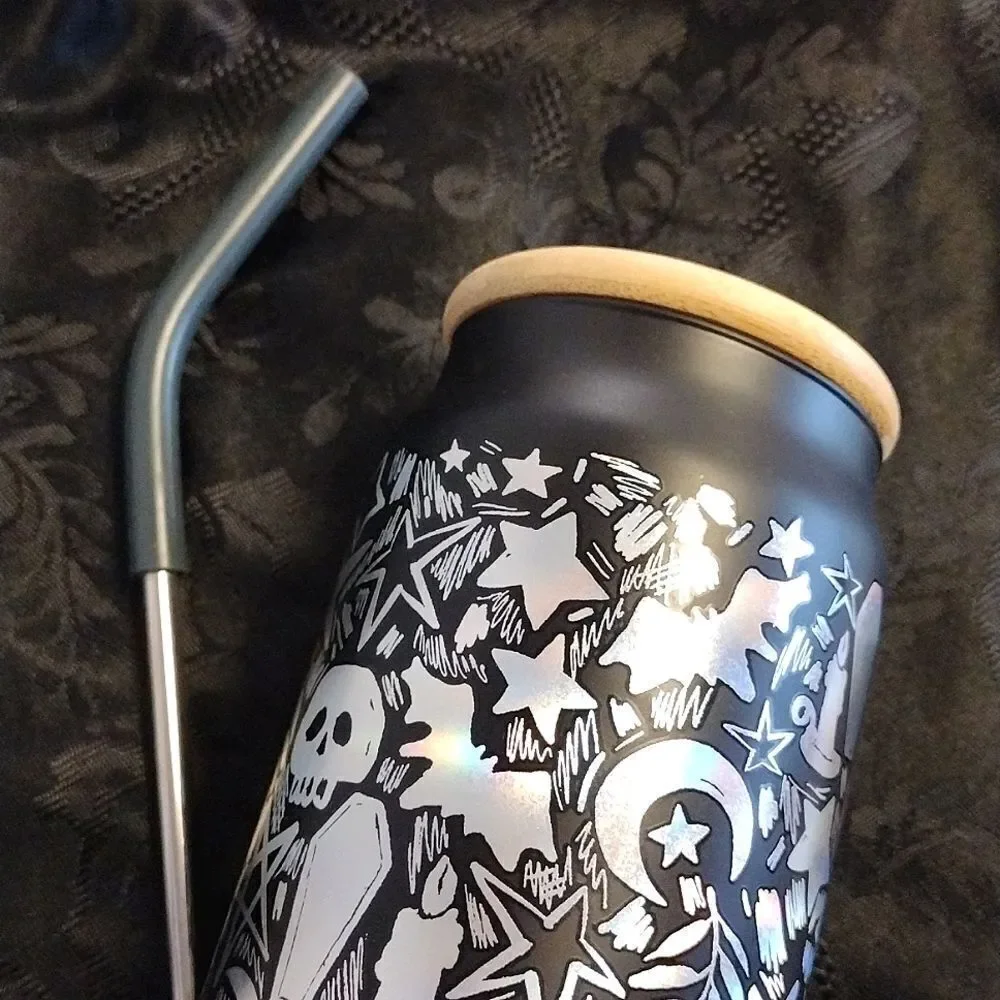 Halloween Black Iridescent‎ Skulls Printed Glass Coffee Cup with Straw NWT